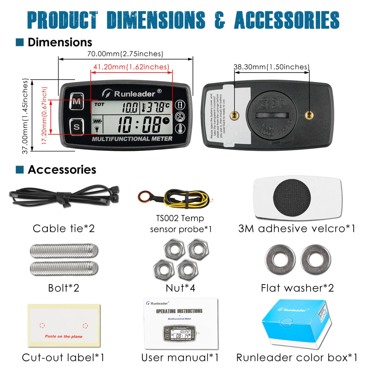 Runleader unboxed with battery, probe, and wiring showing included components