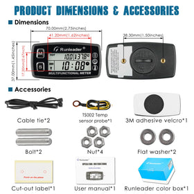 Runleader unboxed with battery, probe, and wiring showing included components