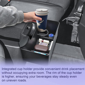 RUNROAD close-up of cup holders showing stable beverage support and reduced spills