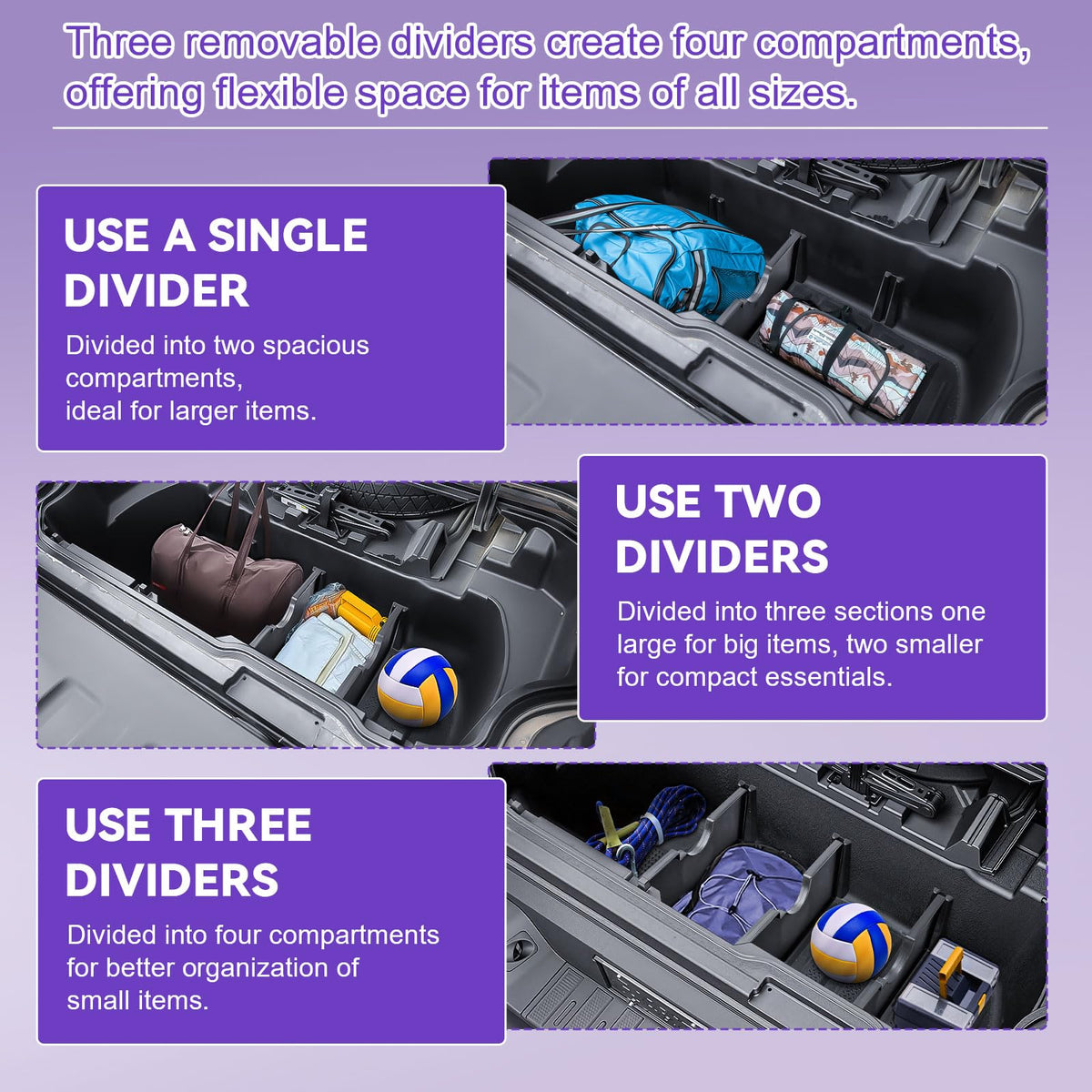 RUNROAD dividers installed in trunk offering organized cargo benefit