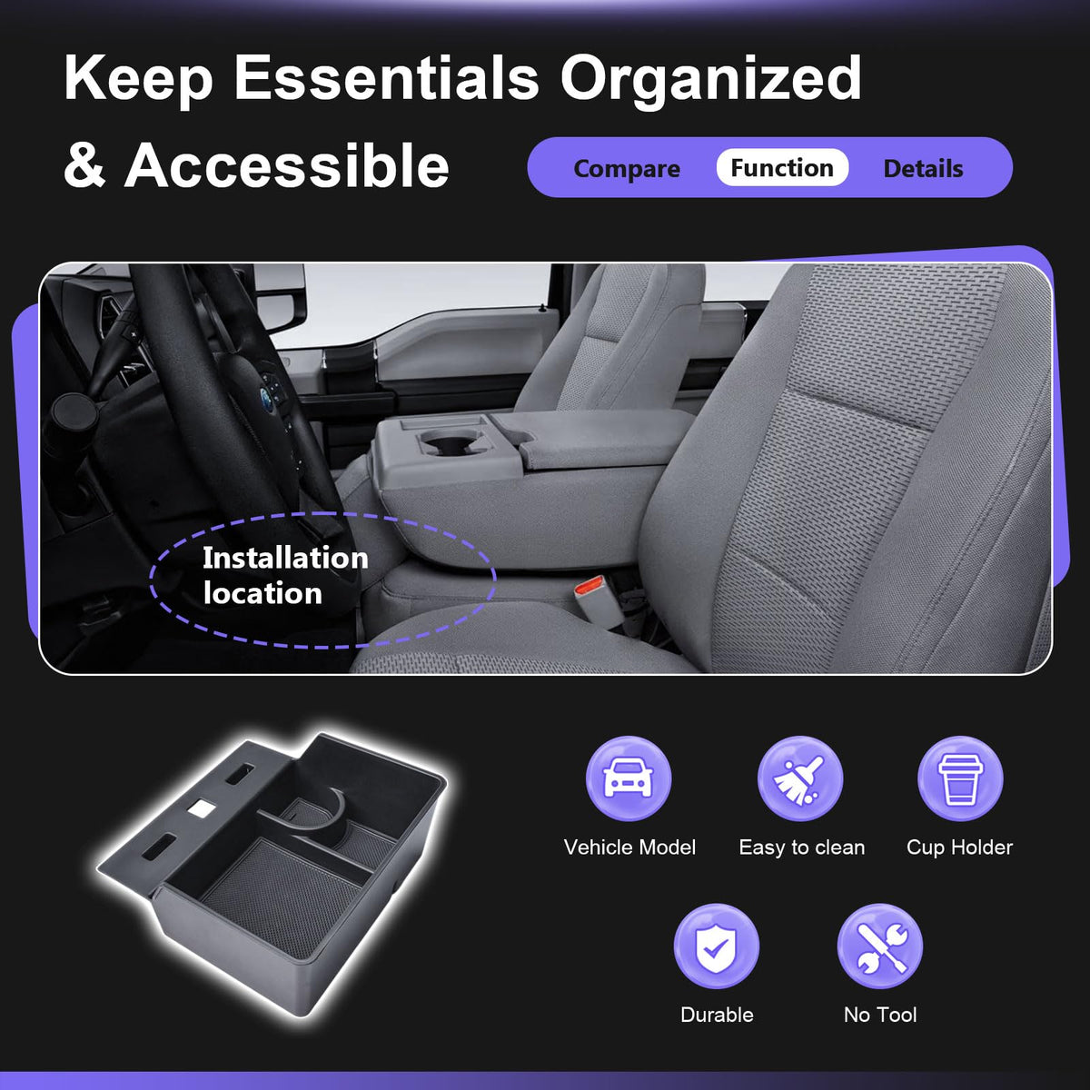 RUNROAD lifestyle shot in truck cab showing tidy interior and practical daily use