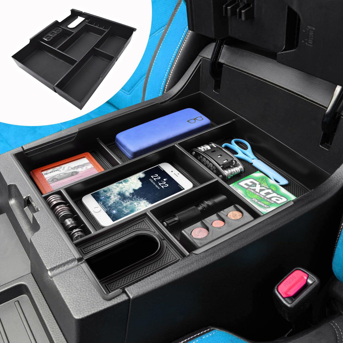 RUNROAD open console in use revealing hidden lower storage and top tray utility