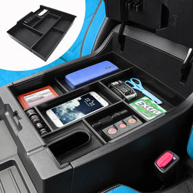 RUNROAD open console in use revealing hidden lower storage and top tray utility