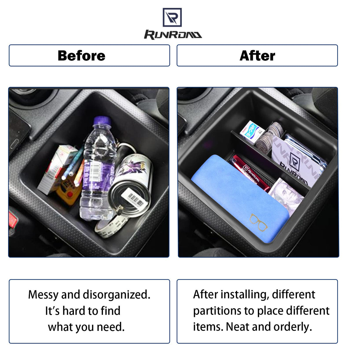 RUNROAD organizer next to smartphone showing size and capacity benefits