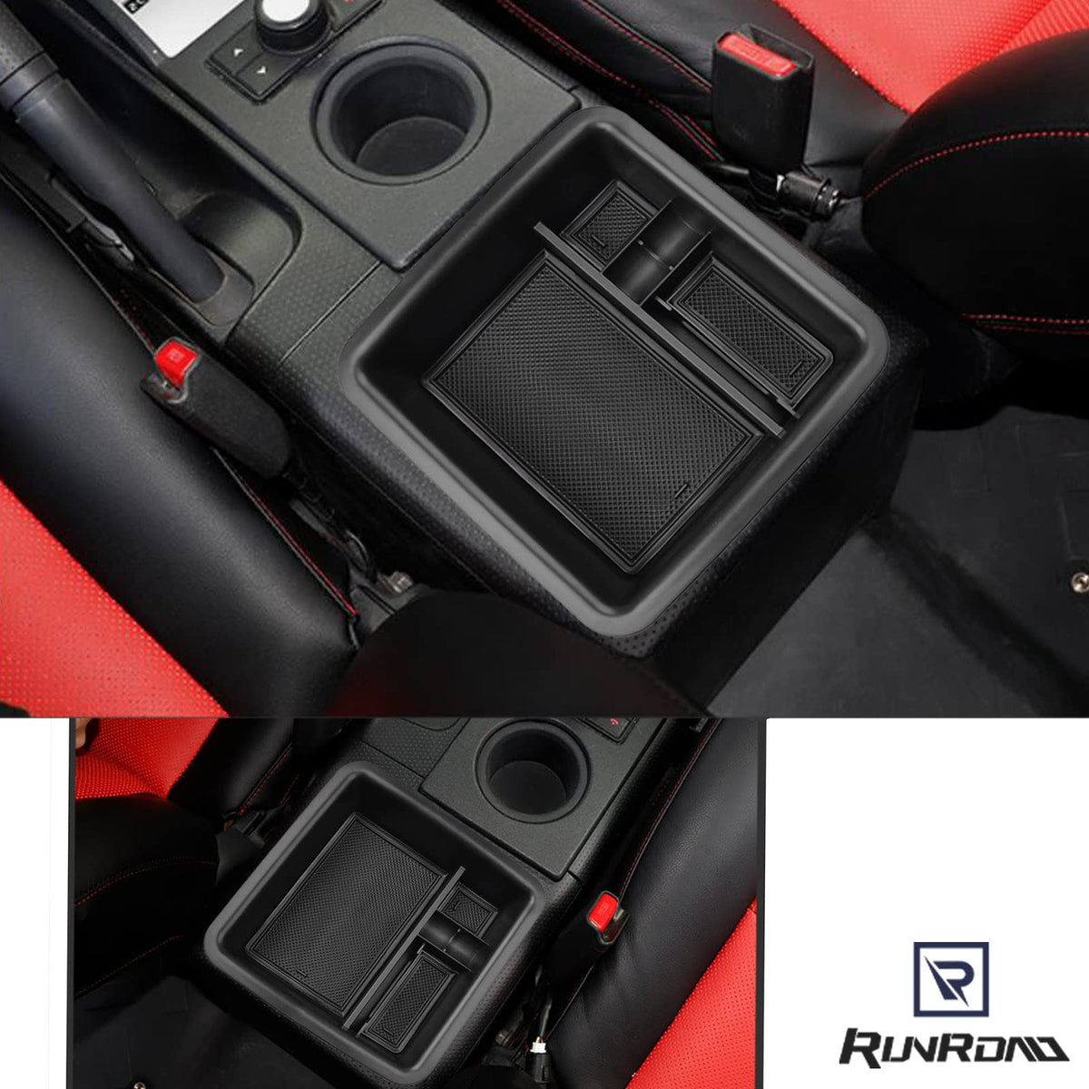 RUNROAD top-down view showing compartments organizing phone and coins