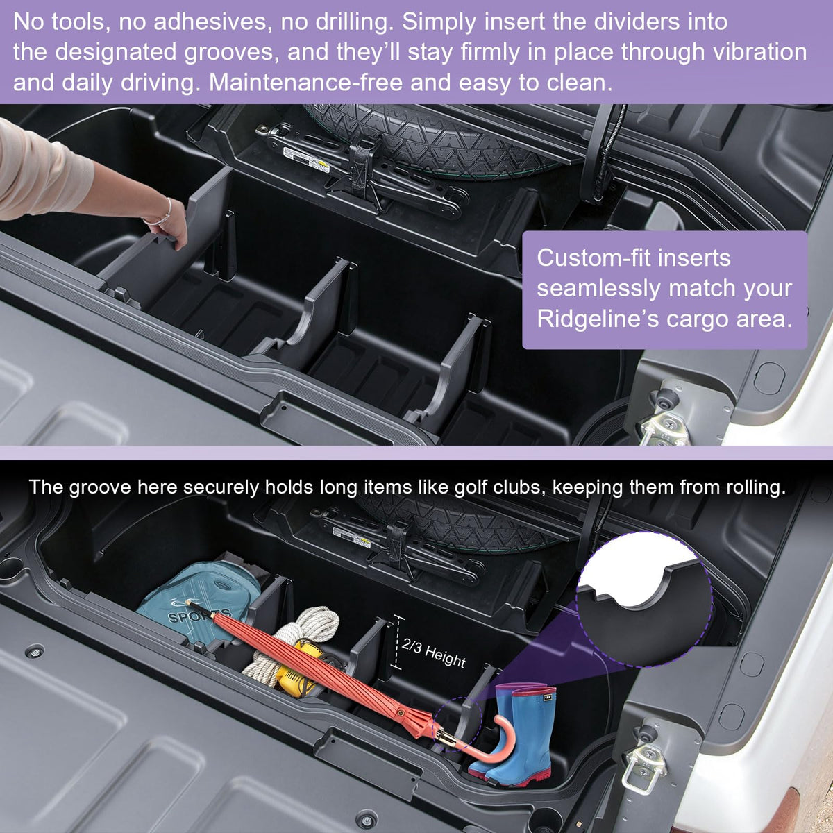RUNROAD divider used with golf clubs keeping gear stable during travel