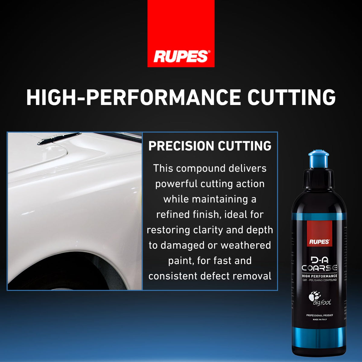 RUPES before and after car panel comparison showing defect removal benefit