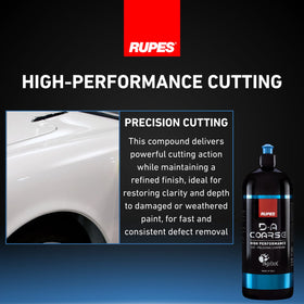 RUPES compound in use on car door panel illustrating heavy defect removal and improved clarity