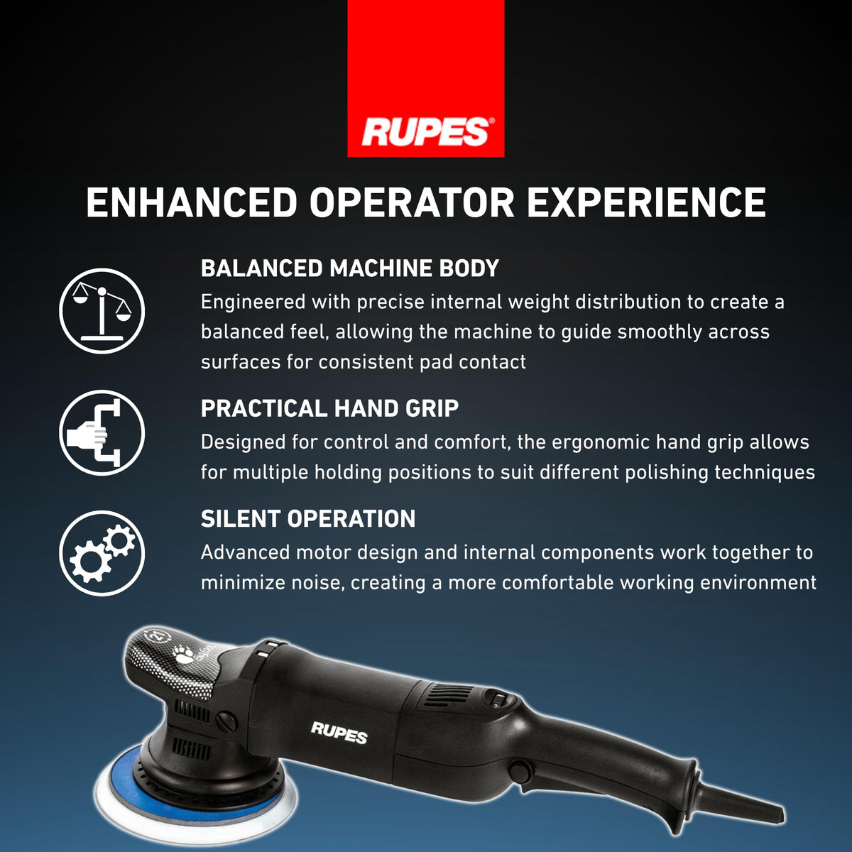 RUPES motor vent and label close-up showing durable construction benefit