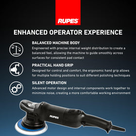 RUPES motor vent and label close-up showing durable construction benefit