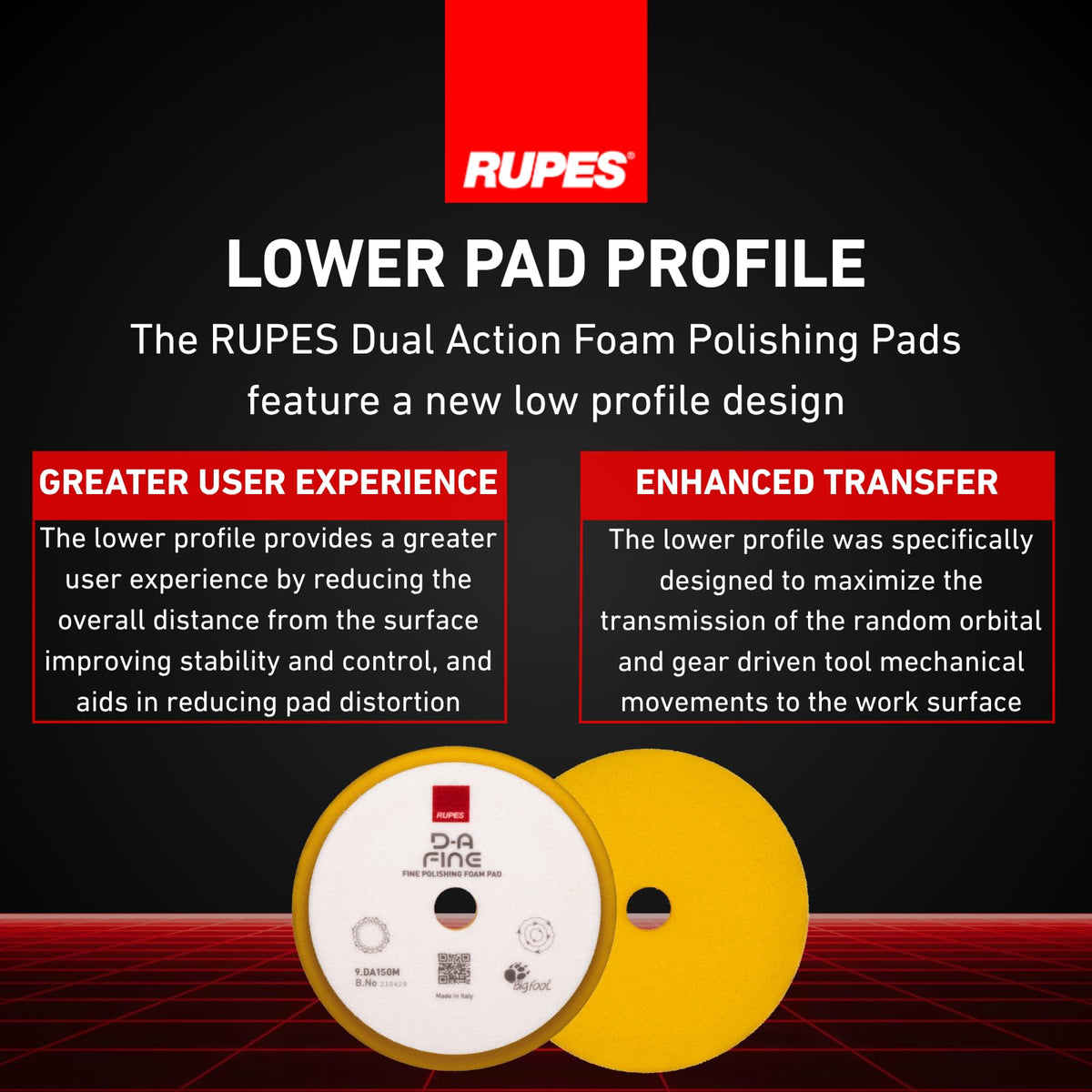 RUPES pad on workbench with tools showing professional setup and reliable finishing performance
