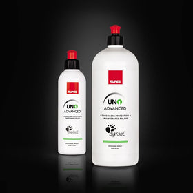 RUPES polish applied on car door with polisher, showing improved gloss and faster maintenance