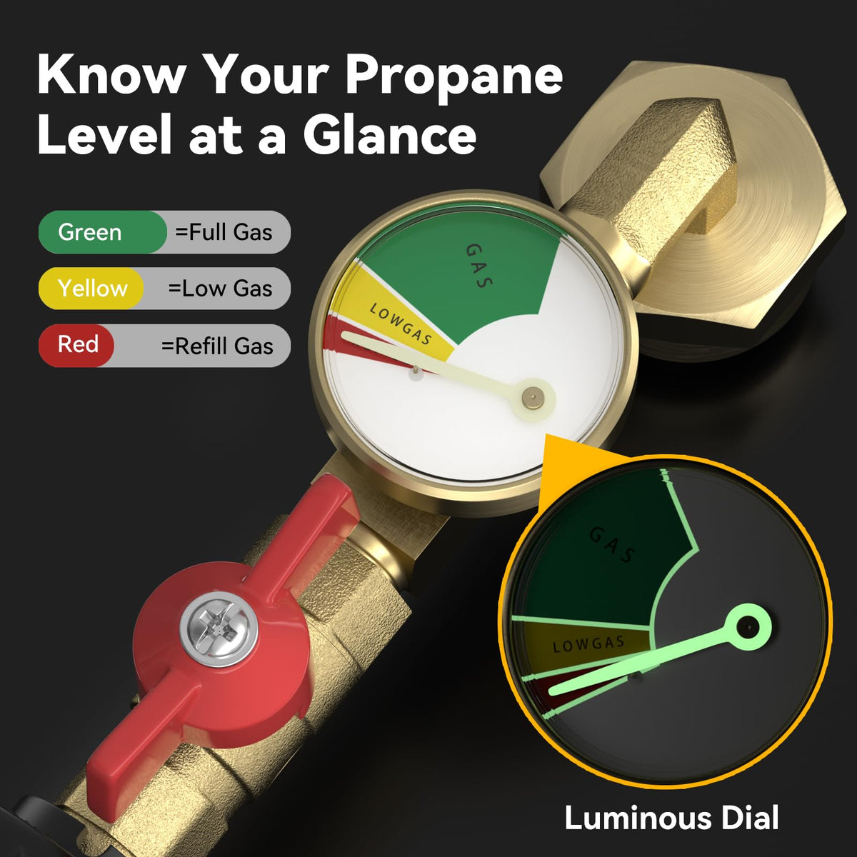 Rushare valve and gauge closeup displaying control valve and visible pressure reading