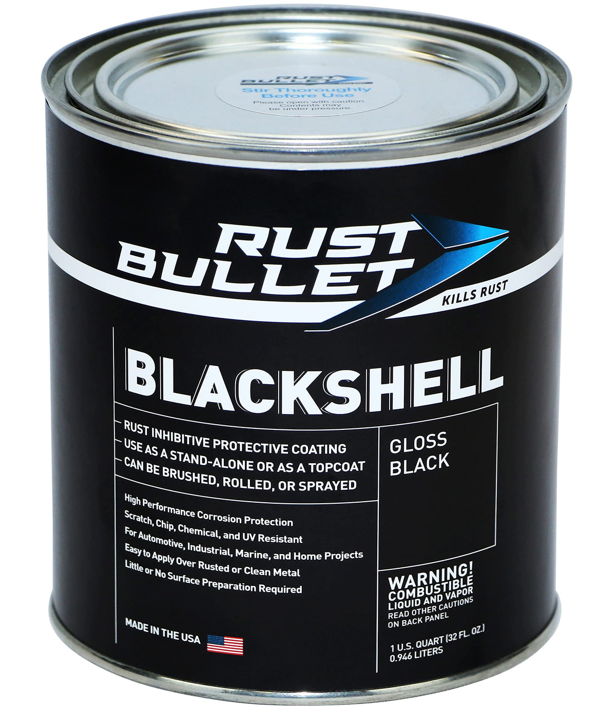 RUST BULLET quart can front view showing glossy black coating brand
