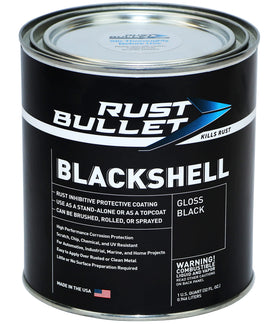 RUST BULLET quart can front view showing glossy black coating brand