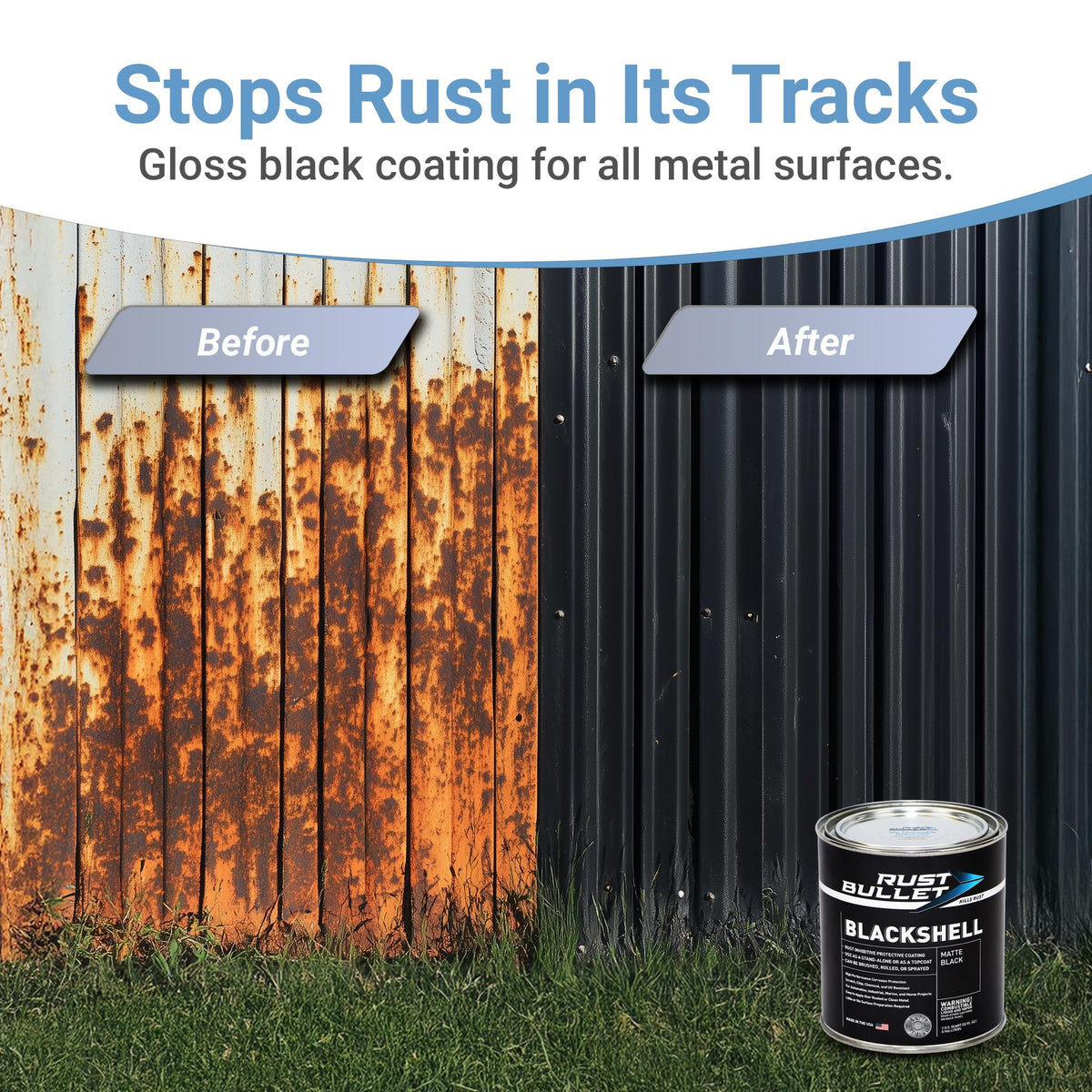 RUST BULLET product label close-up highlighting coating features benefit
