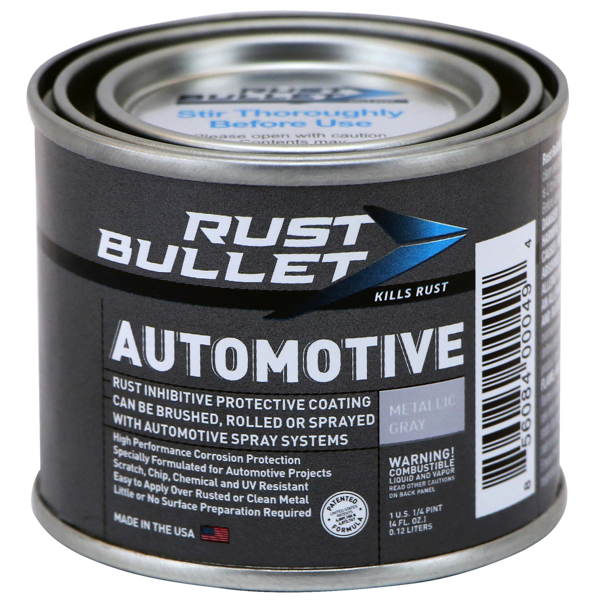 RUST BULLET front can showing metallic gray finish and product benefit