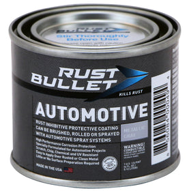 RUST BULLET front can showing metallic gray finish and product benefit