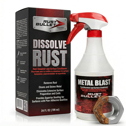 RUST BULLET front spray bottle showing product and easy application benefit