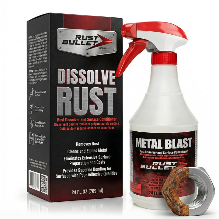 RUST BULLET front spray bottle showing product and easy application benefit