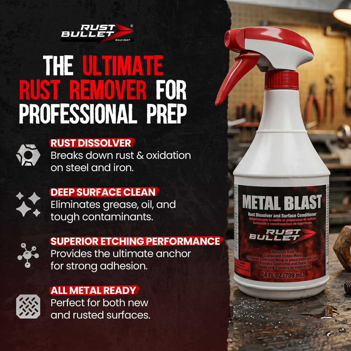 RUST BULLET label close-up highlighting usage instructions and benefits