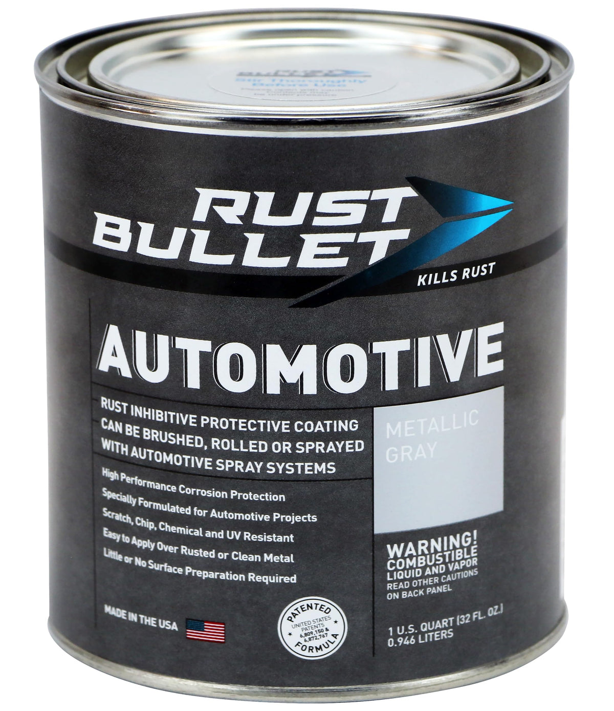 RUST BULLET quart can front view showing metallic gray finish and protection