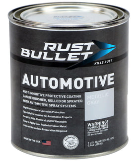 RUST BULLET quart can front view showing metallic gray finish and protection