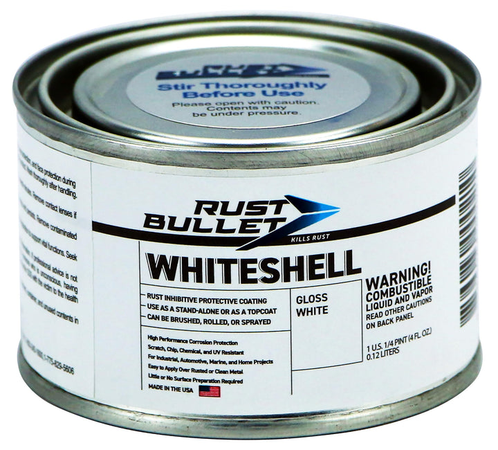 RUST BULLET WhiteShell front can showing label and gloss finish benefit