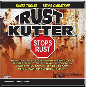 Rust Kutter gallon next to common tools showing scale and suitability for large jobs