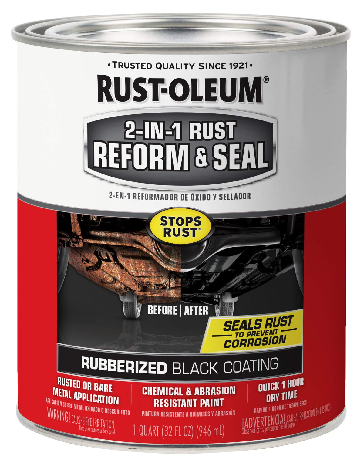 Rust-Oleum 2-in-1 front label showing product name and black finish benefit
