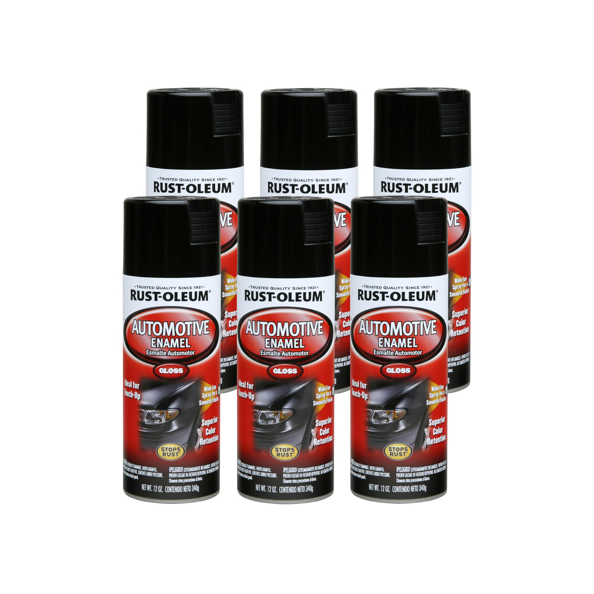 Rust-Oleum gloss black front can showing label and easy application benefit