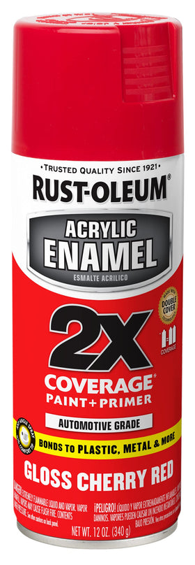Rust-Oleum can front view showing gloss cherry red, clear label and quick coverage benefit