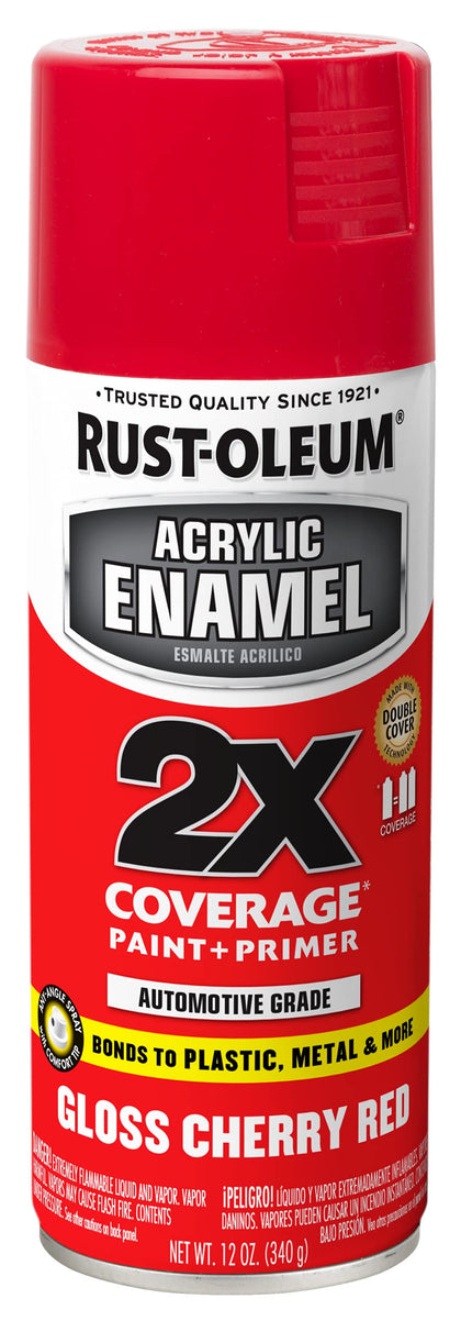 Rust-Oleum can front view showing gloss cherry red, clear label and quick coverage benefit