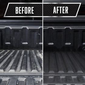 Full truck bed coated with Rust-Oleum black spray providing uniform protective cover