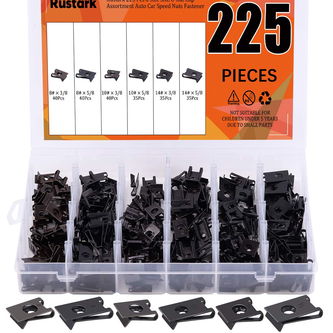 Rustark front packaging showing labeled storage case and full 225-piece kit for quick access