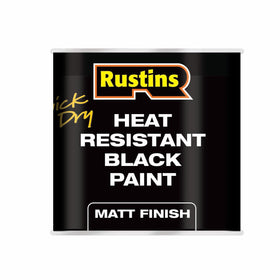 Rustins heat resistant black paint front packaging showing product and volume