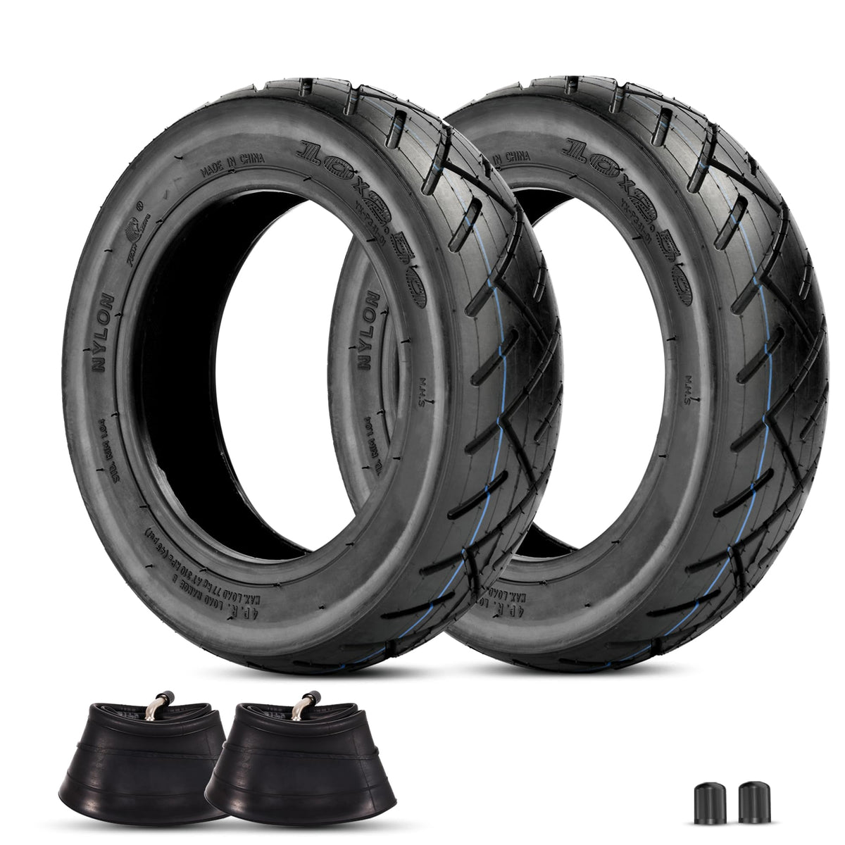 RUTU front view of two 10x2.50 tires and tubes showing packaging and size, ideal for replacements