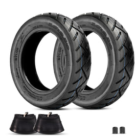 RUTU front view of two 10x2.50 tires and tubes showing packaging and size, ideal for replacements