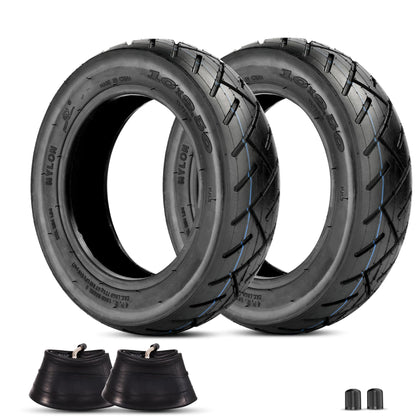 RUTU front view of two 10x2.50 tires and tubes showing packaging and size, ideal for replacements