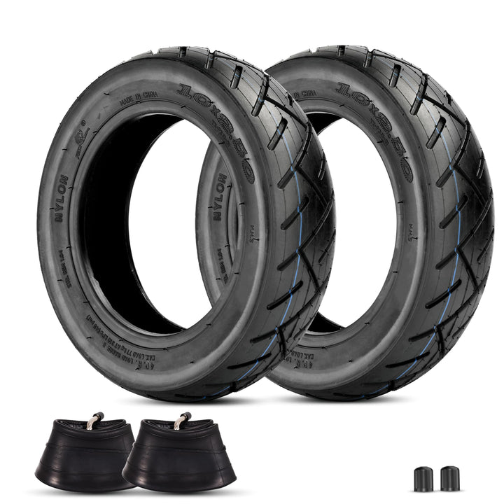 RUTU front view of two 10x2.50 tires and tubes showing packaging and size, ideal for replacements