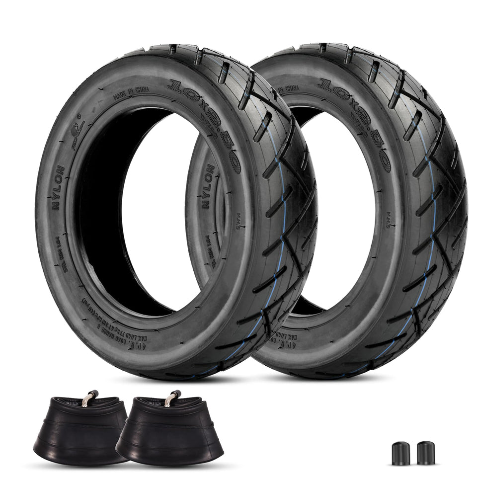 RUTU front view of two 10x2.50 tires and tubes showing packaging and size, ideal for replacements