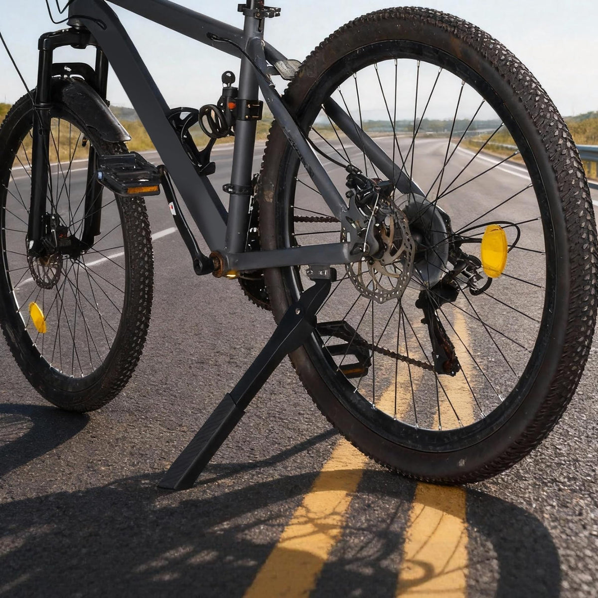 RUTU kickstand supporting a parked bike on gravel showcasing steadiness