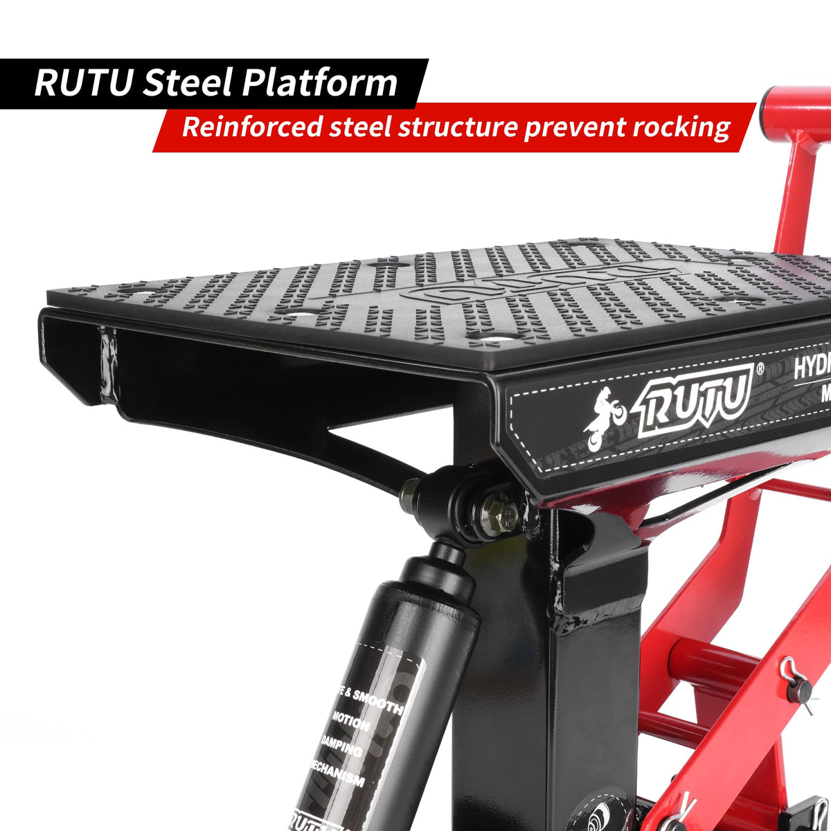 RUTU side profile with a dirt bike lifted demonstrating stable elevated access