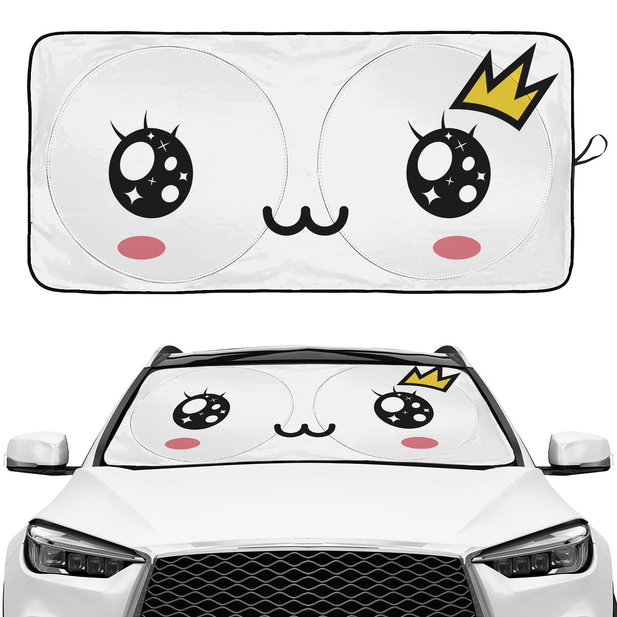 Rutuioy front view of kawaii eyes sunshade showing full windshield coverage and cooling benefit