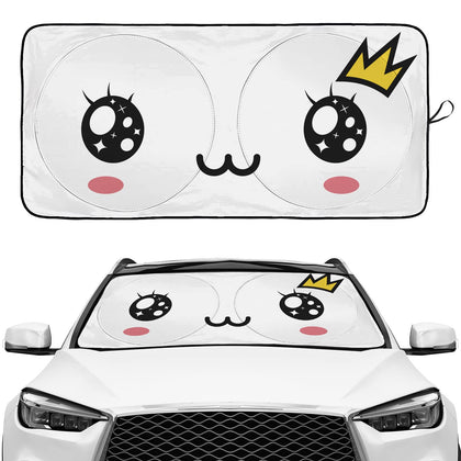 Rutuioy front view of kawaii eyes sunshade showing full windshield coverage and cooling benefit