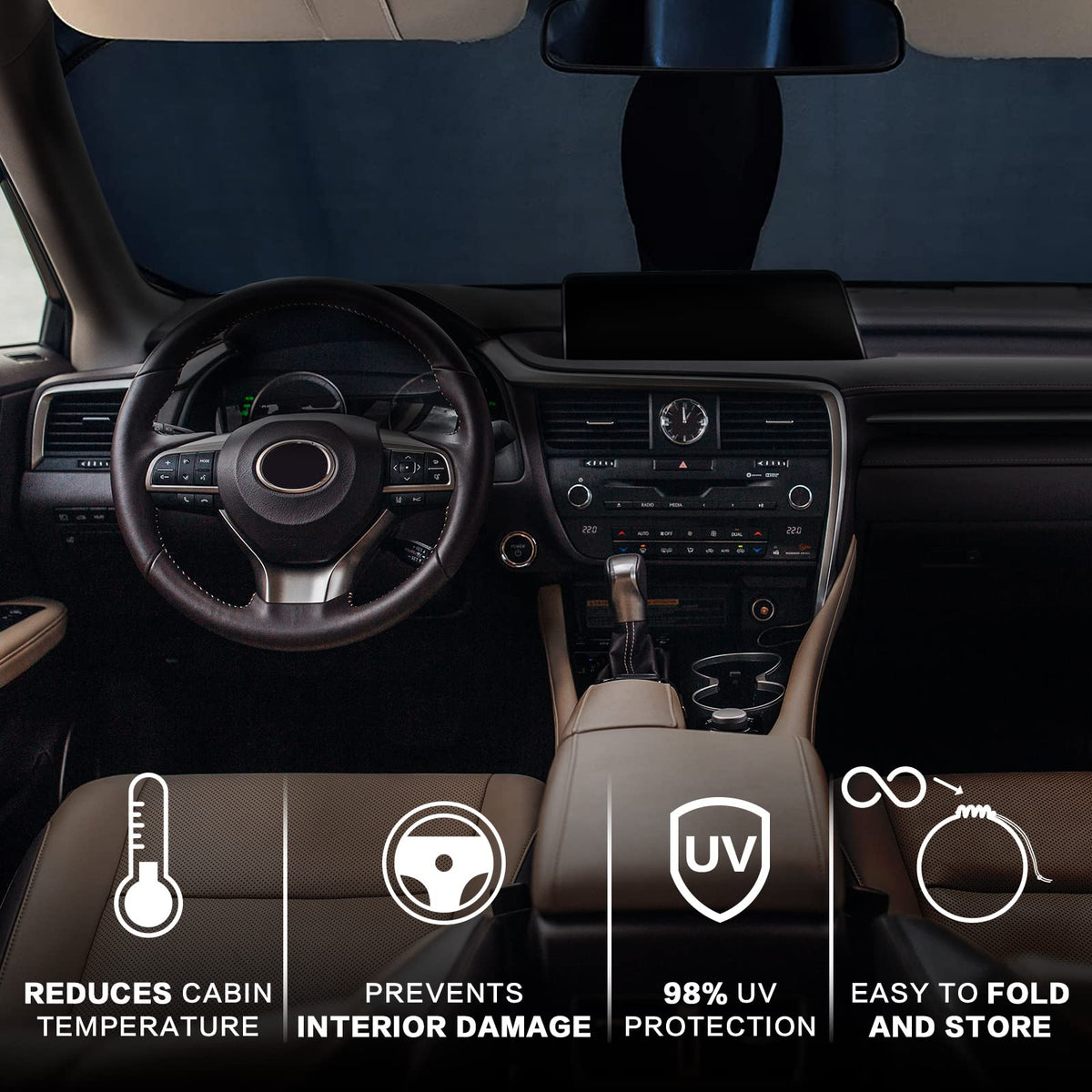 Rutuioy installed inside car windshield keeping dashboard cooler and protecting interior