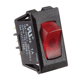 RV Designer 10A black rocker switch front view shows illuminated red rocker for easy locating