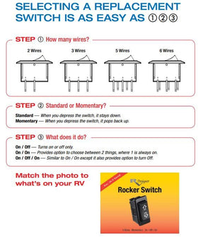 RV Designer switch terminals and cutout close-up displaying wiring points and dimensions benefits