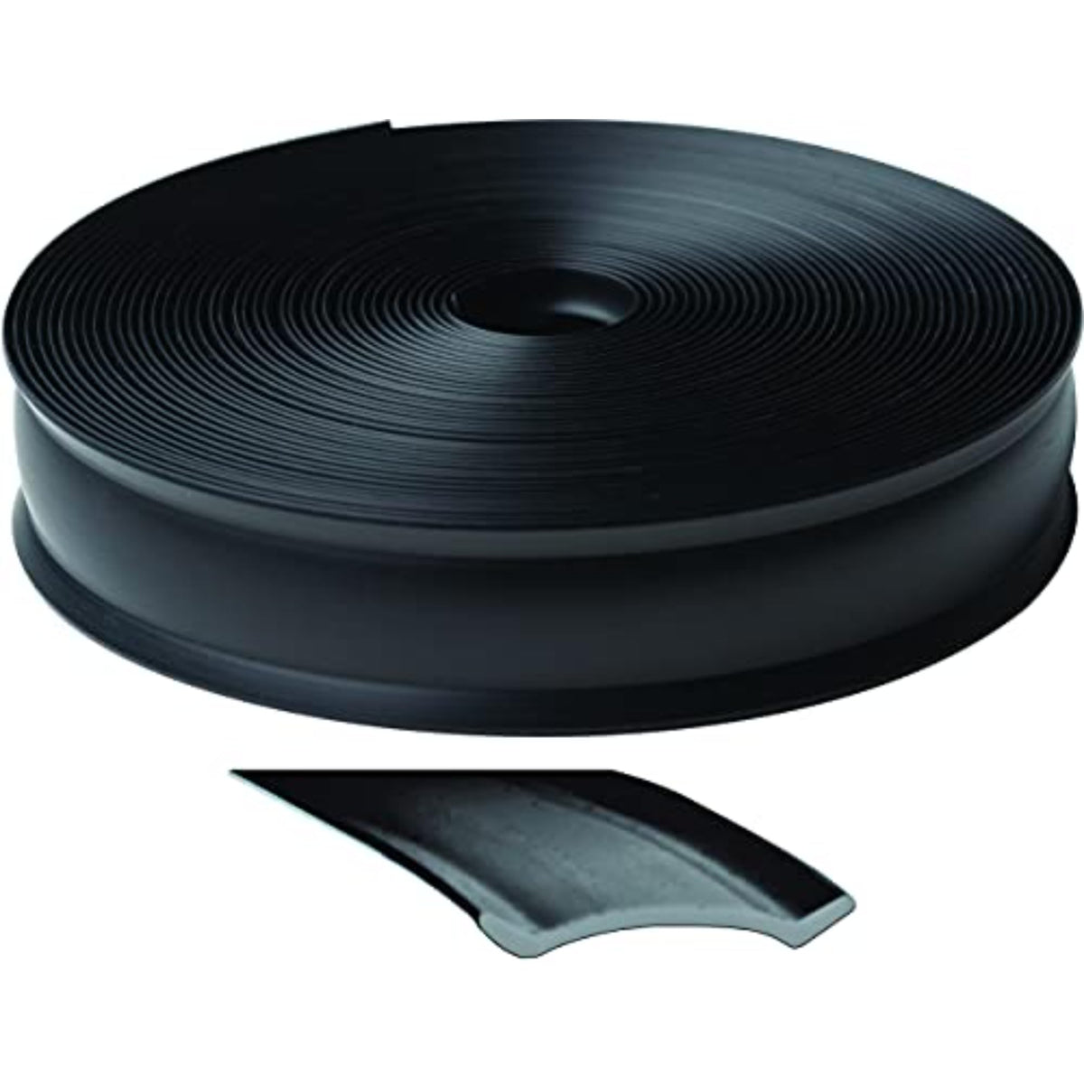 RV Designer front-view of black 1 inch vinyl trim roll showing length and packaging benefit
