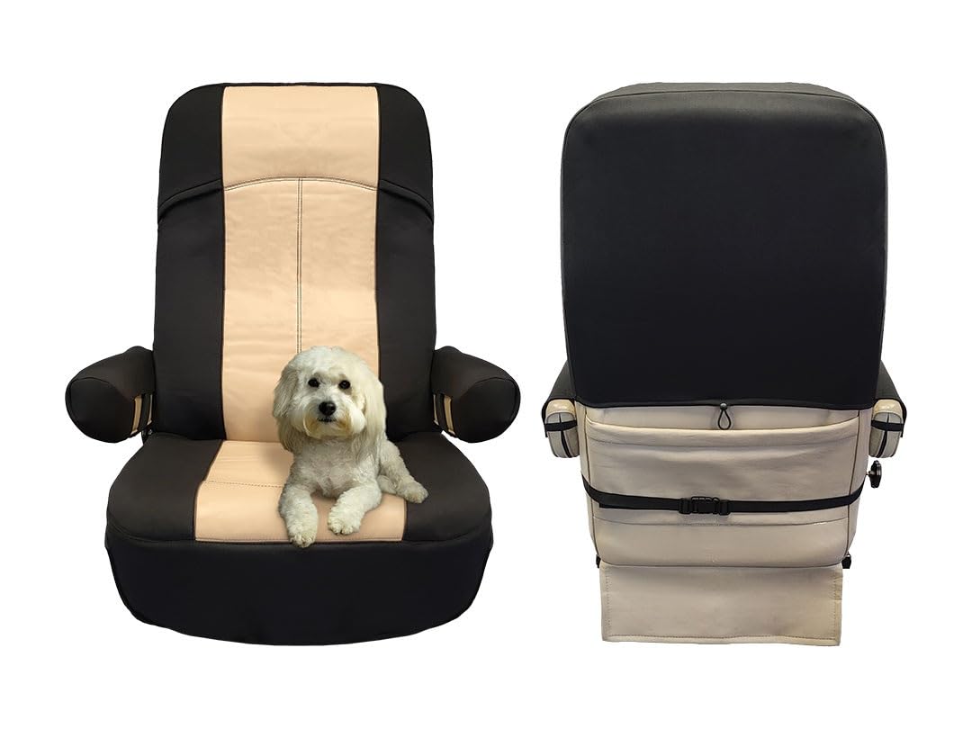 RV Designer front view of GripFit+ seat cover showing full cockpit protection and style